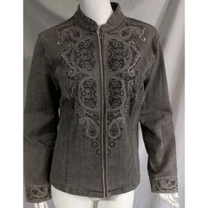 Chicos Platinum denim embroidered jacket gray black beaded size 1 US 8